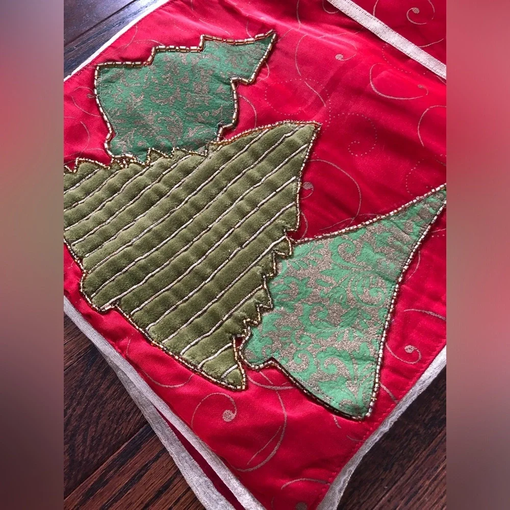 Pier 1 Imports 13”x72” Red/Gold/Green Christmas Trees Appliqué Table Runner